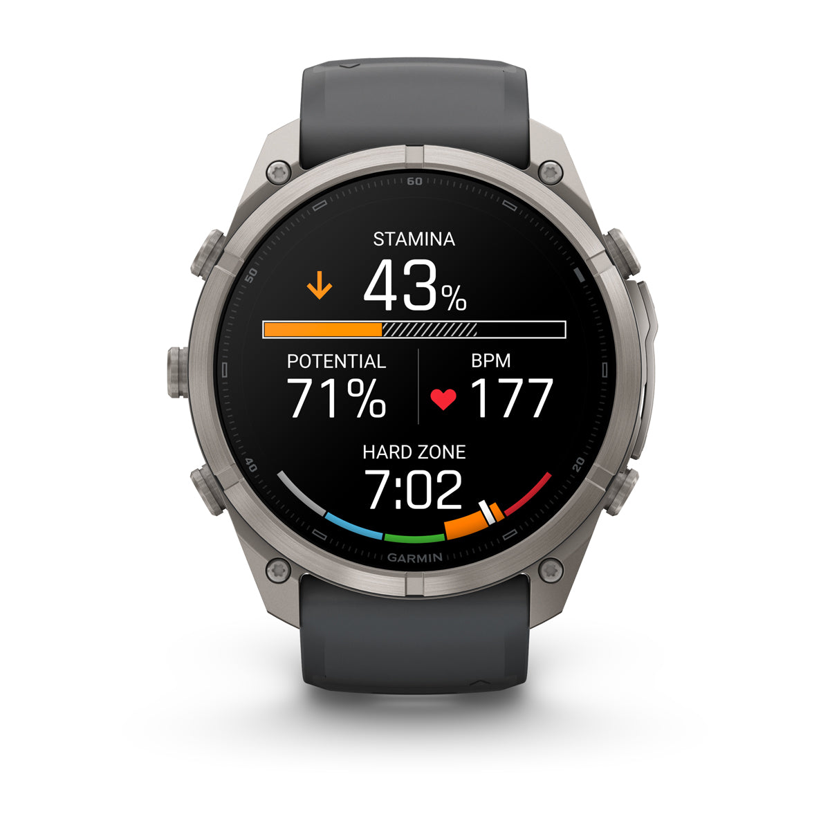Garmin fenix 9 Pro inReach 51mm AMOLED Sapphire GPS Smartwatch - front view with data screen