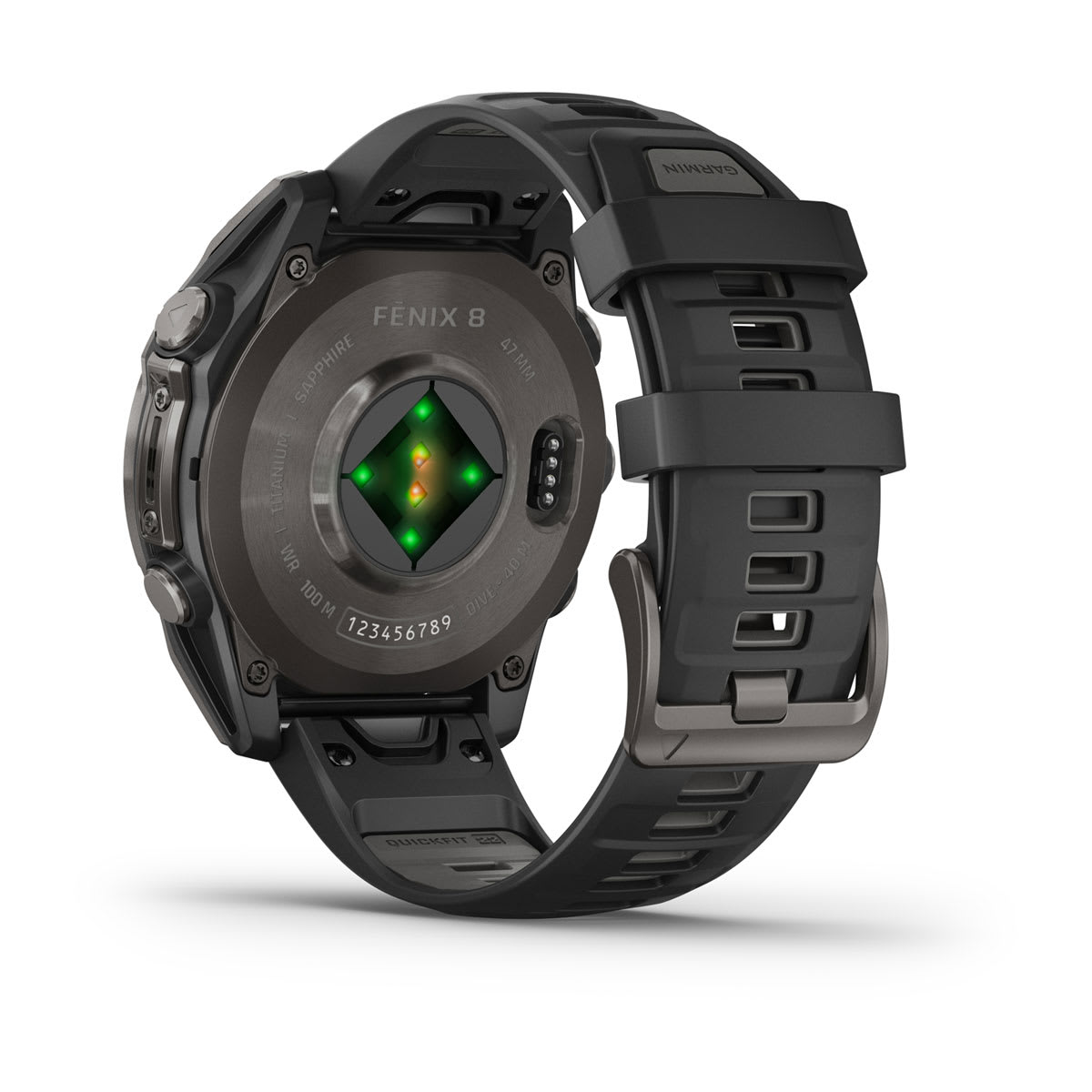 Garmin fenix 8 47mm AMOLED Sapphire GPS Smartwatch - back view, heart-rate sensor