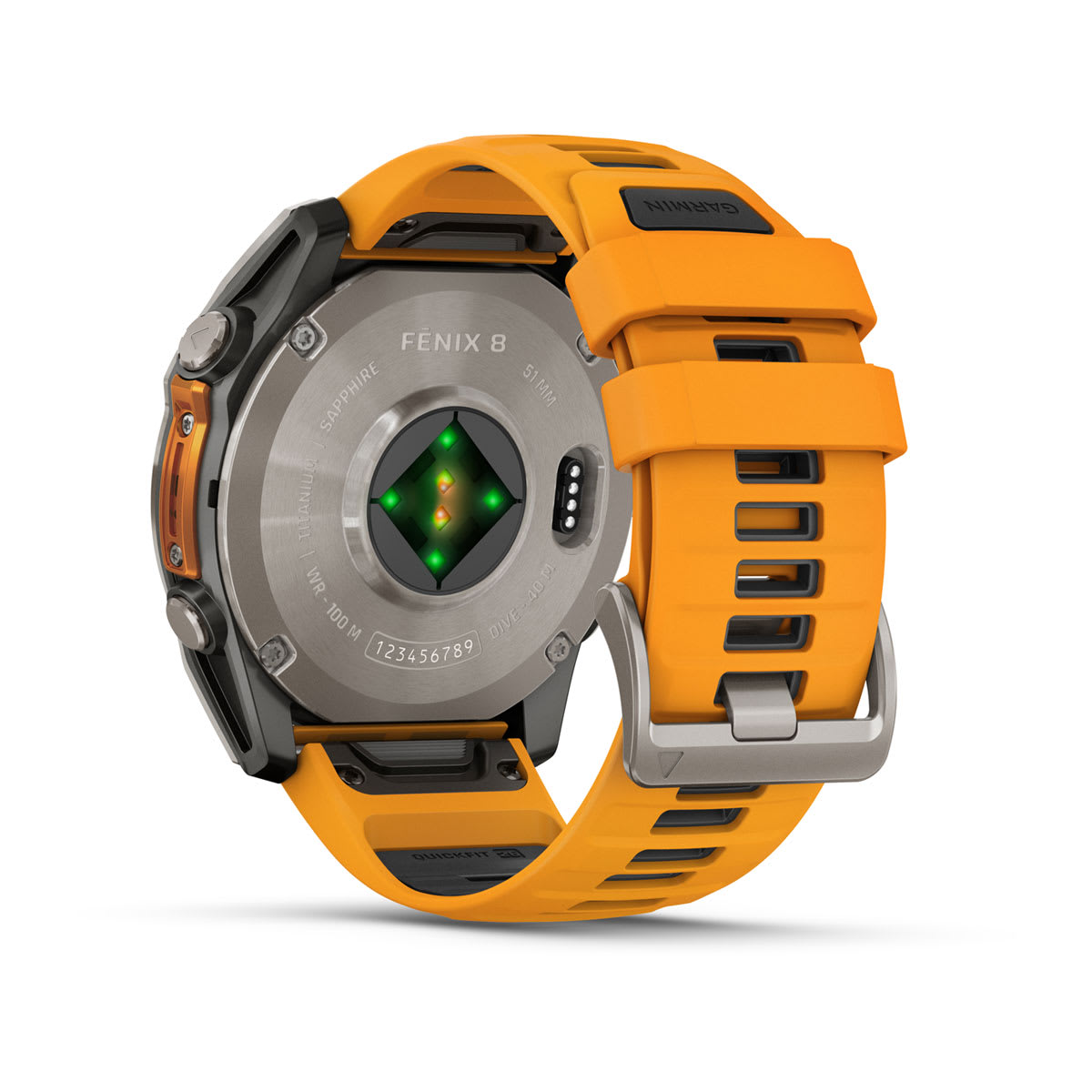 Garmin fenix 8 51mm AMOLED Sapphire GPS Smartwatch - back view, heart-rate sensor