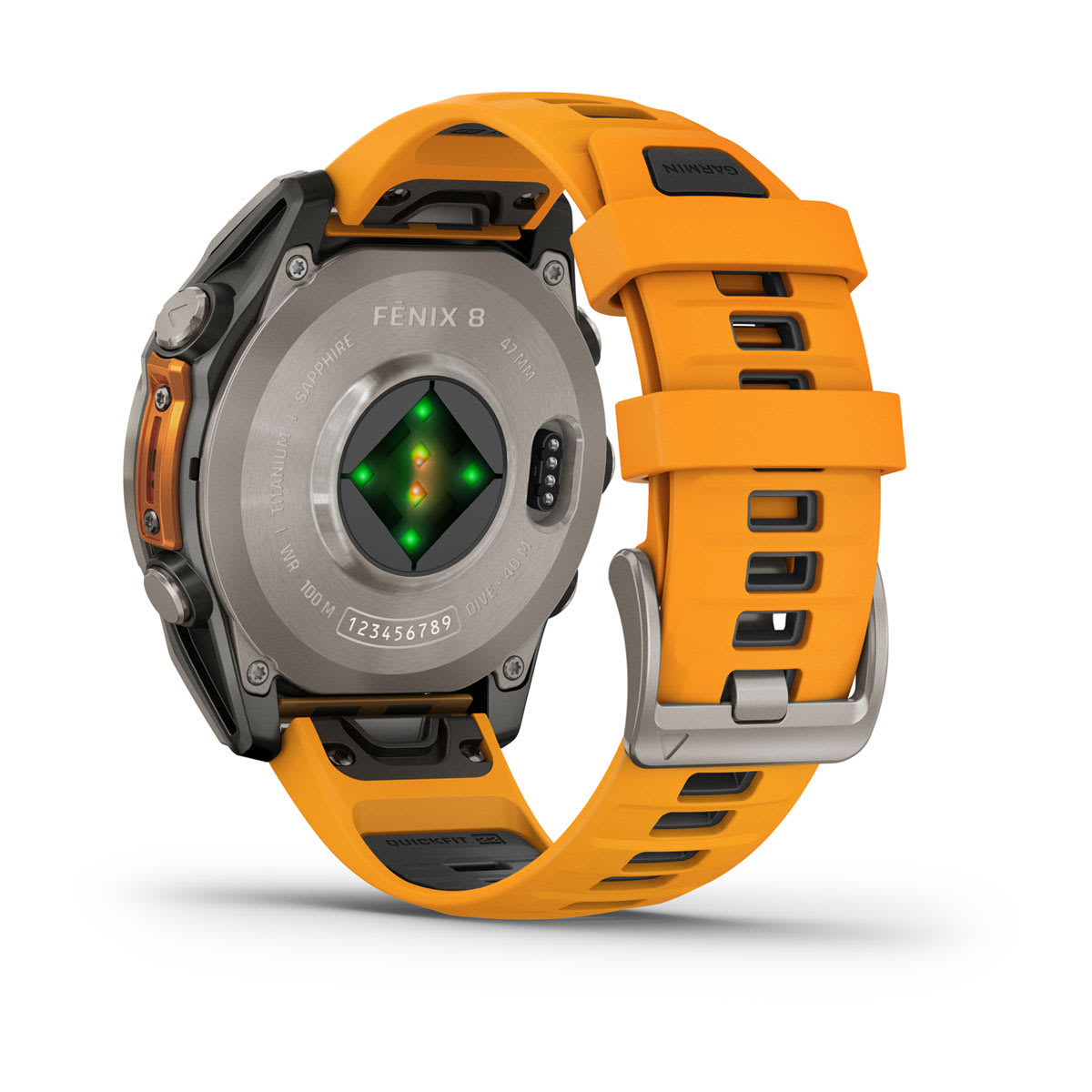 Garmin fenix 8 47mm AMOLED Sapphire GPS Smartwatch - back view, heart-rate sensor
