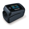 Beurer PO 45 pulse oximeter, Black — angled view, display showing SpO2/pulse/perfusion index