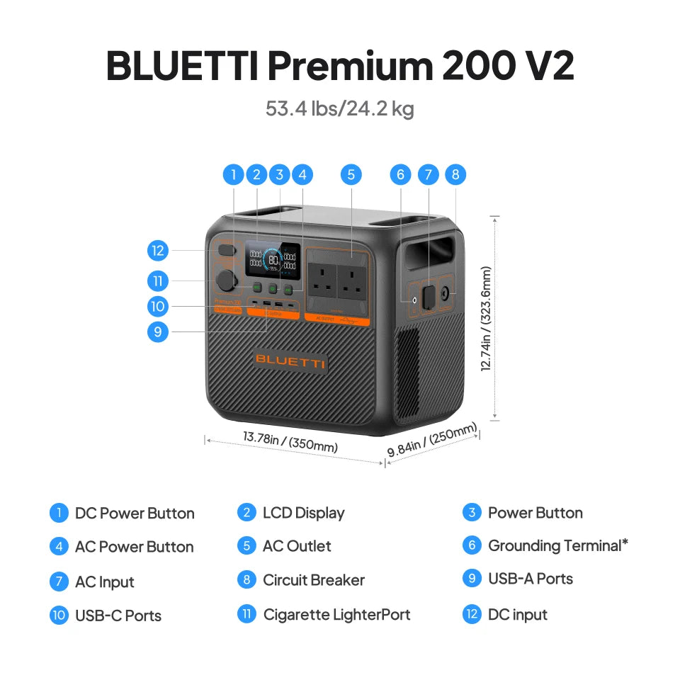 BLUETTI Premium 200 V2 2,073.6Wh 2,700W Portable Power Station - ports and dimensions