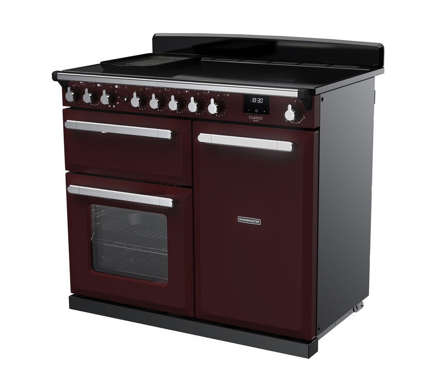 Rangemaster Estel Deluxe 100 Induction range cooker in Bordeaux with Chrome trim