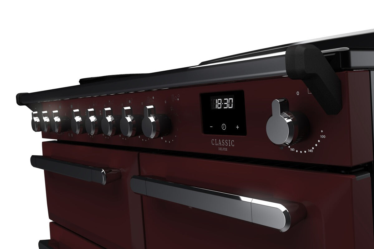 Rangemaster Estel Deluxe 100 Induction range cooker in Bordeaux with Chrome trim