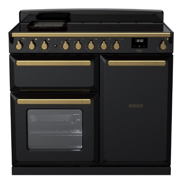 Rangemaster Estel Deluxe 100 Induction range cooker in Gloss Black with Brass trim