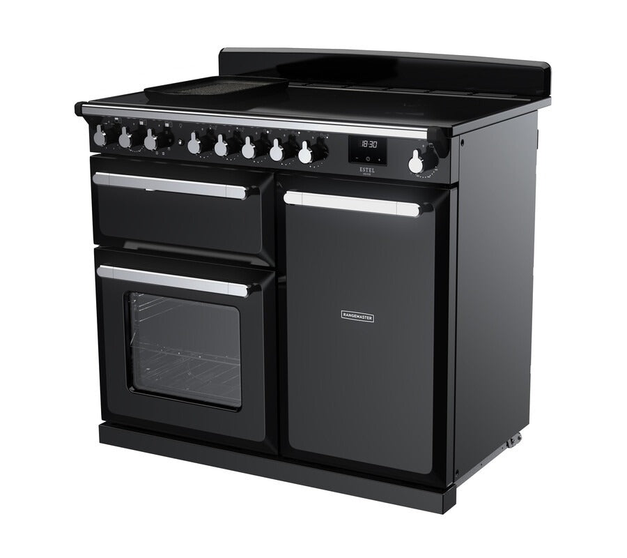 Rangemaster Estel Deluxe 100 Induction range cooker in Gloss Black with Chrome trim