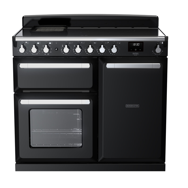 Rangemaster Estel Deluxe 100 Induction range cooker in Gloss Black with Chrome trim