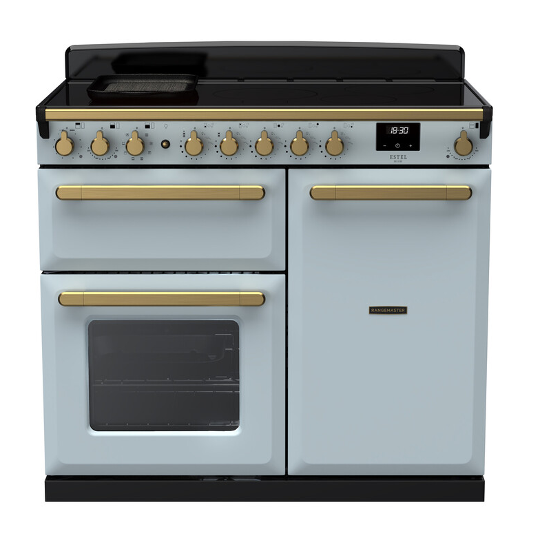 Rangemaster Estel Deluxe 100 Induction range cooker in Misty Blue with Brass trim
