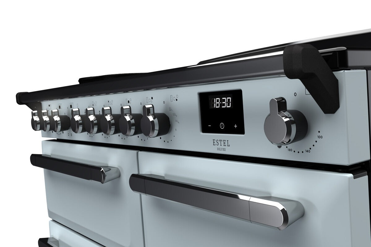 Rangemaster Estel Deluxe 100 Induction range cooker in Misty Blue with Chrome trim