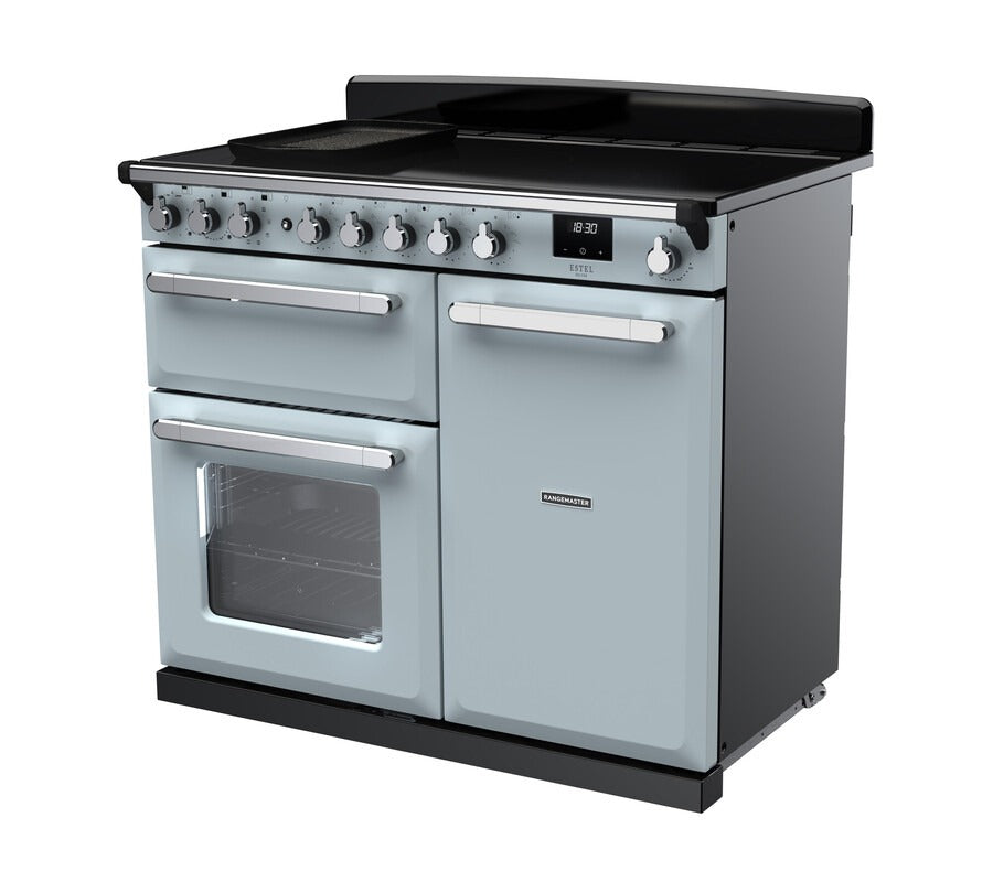 Rangemaster Estel Deluxe 100 Induction range cooker in Misty Blue with Chrome trim
