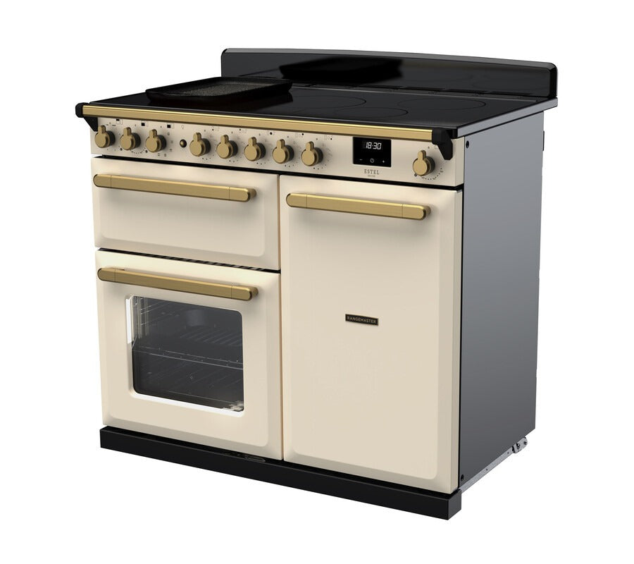Rangemaster Estel Deluxe 100 Induction range cooker in Pale Cream with Brass trim