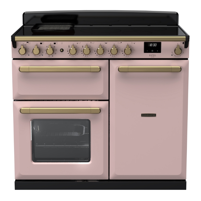 Rangemaster Estel Deluxe 100 Induction range cooker in Pale Pink with Brass trim
