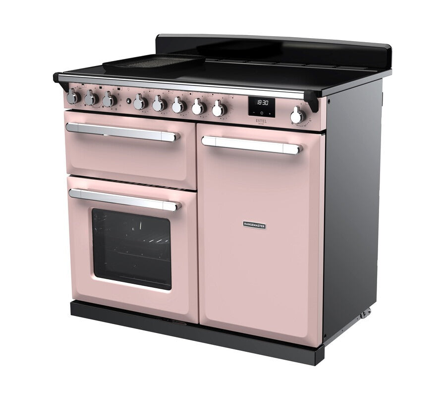 Rangemaster Estel Deluxe 100 Induction range cooker in Pale Pink with Chrome trim