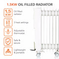 Warmlite WL43003YW 1.5kW 7-fin oil filled radiator feature and specification graphic showing 1500W-600W three heat settings