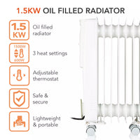 Warmlite WL43003YW 1.5kW 7-fin oil filled radiator feature and specification graphic showing 1500W-600W three heat settings