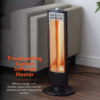 Warmlite WL42013 carbon infrared heater in a living room setting beside a sofa