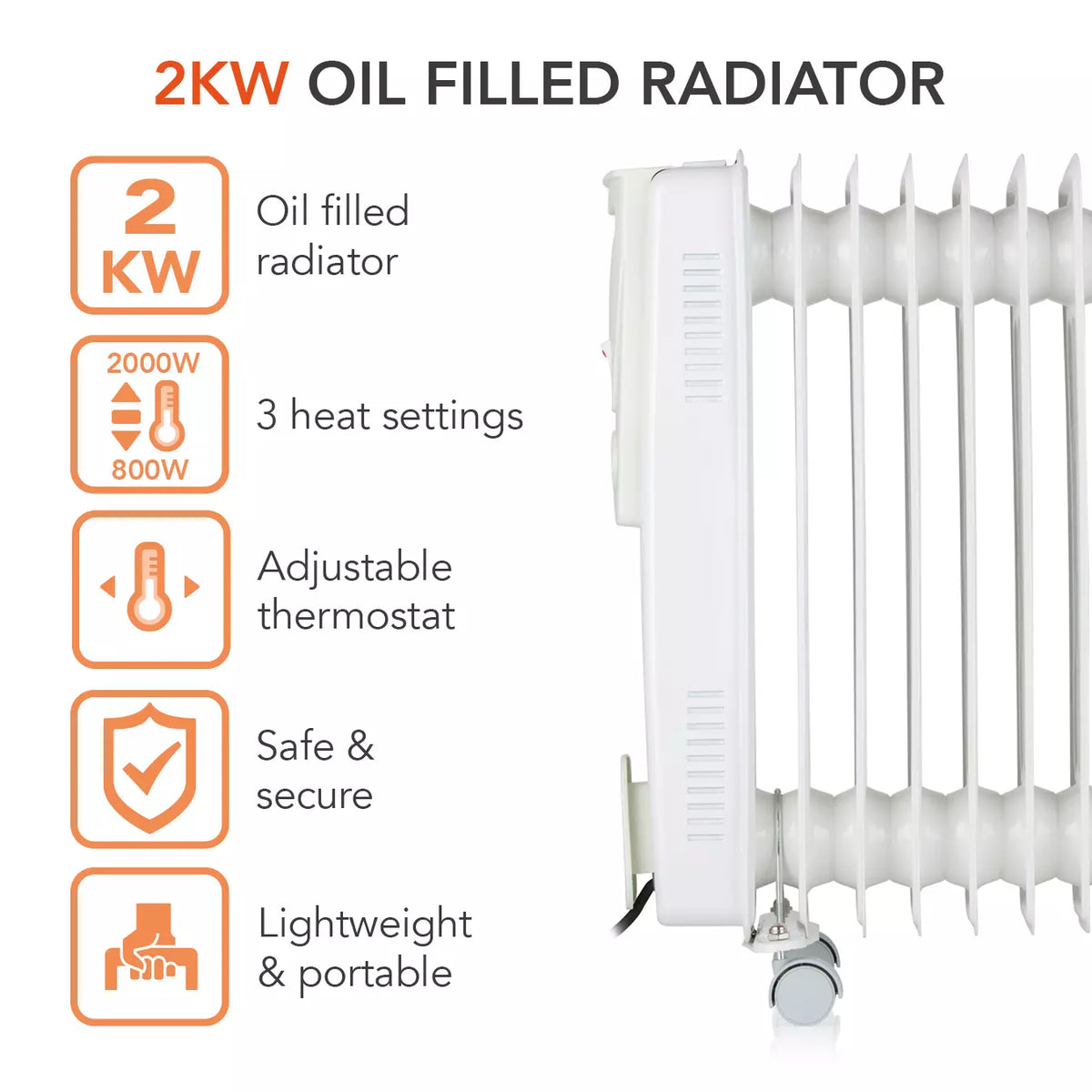 Warmlite WL43004YW 2kW 9-fin oil filled radiator feature and specification graphic showing 2000W-800W three heat settings
