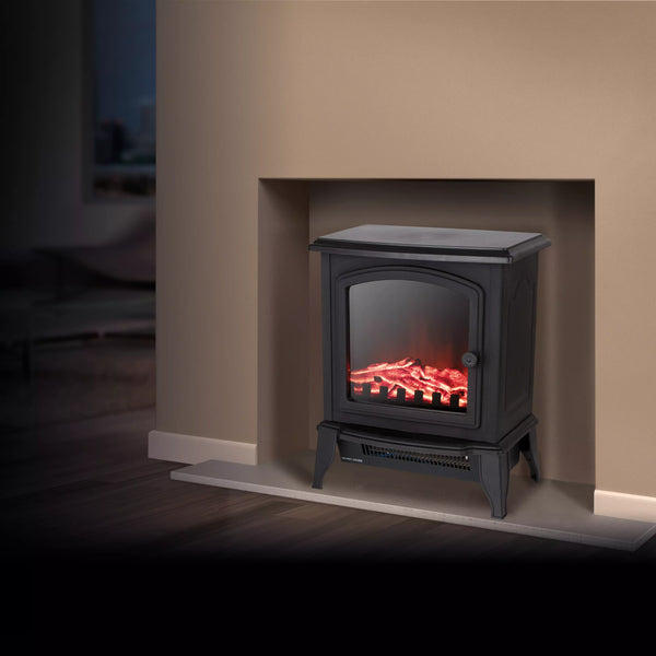 Warmlite Mable WL46021 compact black stove fire in a living room fireplace setting