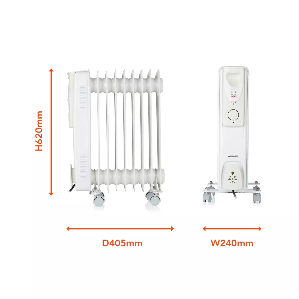 Warmlite WL43004YW oil filled radiator dimensions diagram - H620 x D405 x W240mm