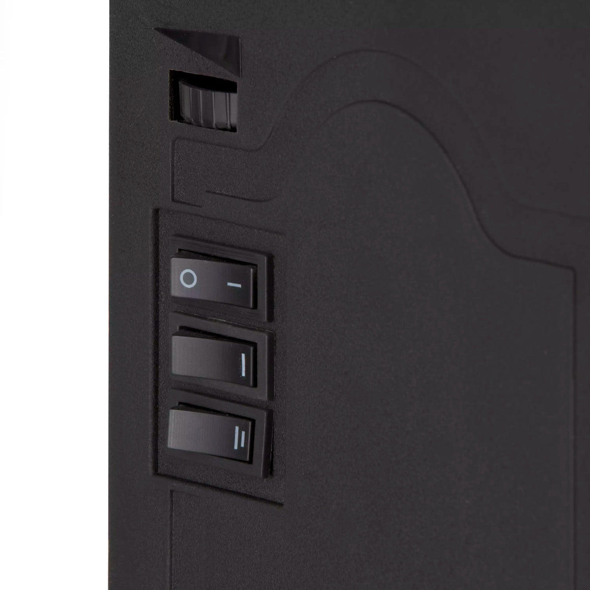 Warmlite Mable WL46021 stove fire control panel close-up showing heat and flame switches