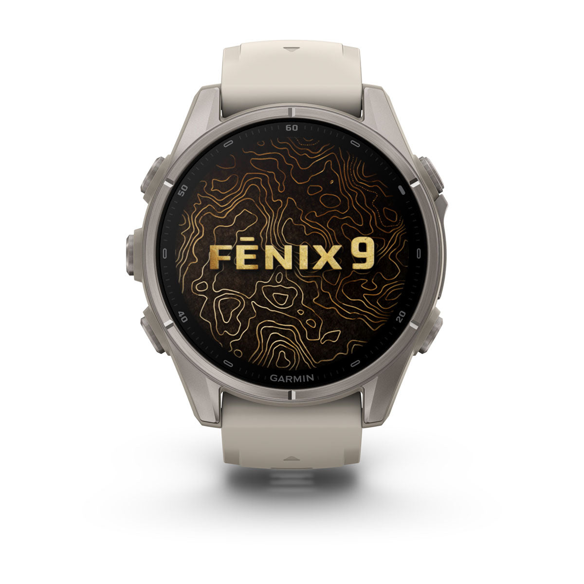 Garmin fenix 9 43mm AMOLED Sapphire GPS Smartwatch - front view, screen on