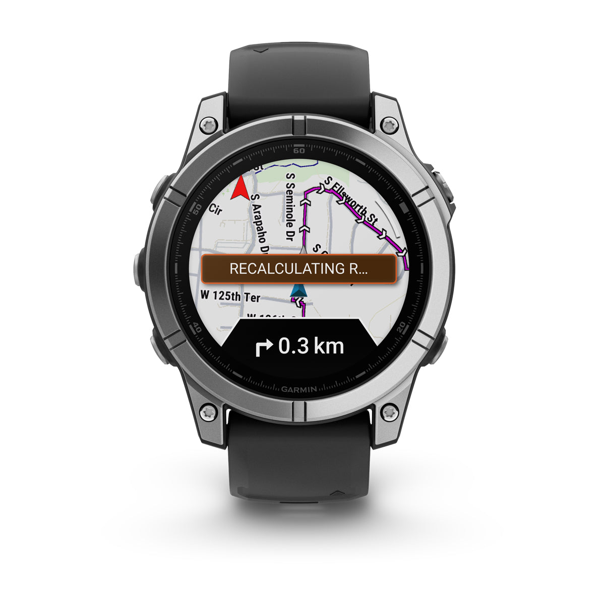Garmin fenix E 47mm AMOLED GPS Smartwatch - front view, screen on