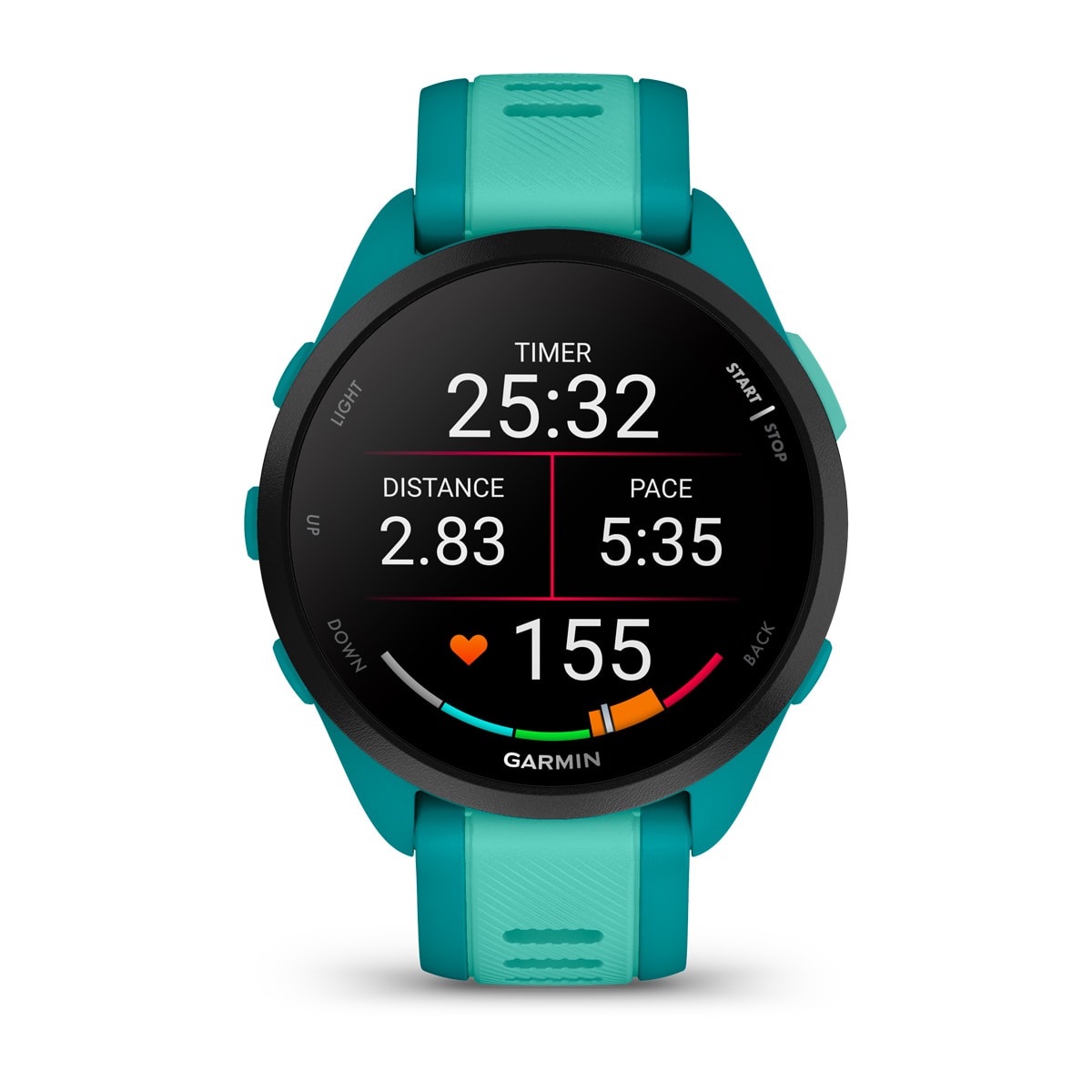 Garmin Forerunner 165 Music GPS Running Smartwatch - front view, screen on