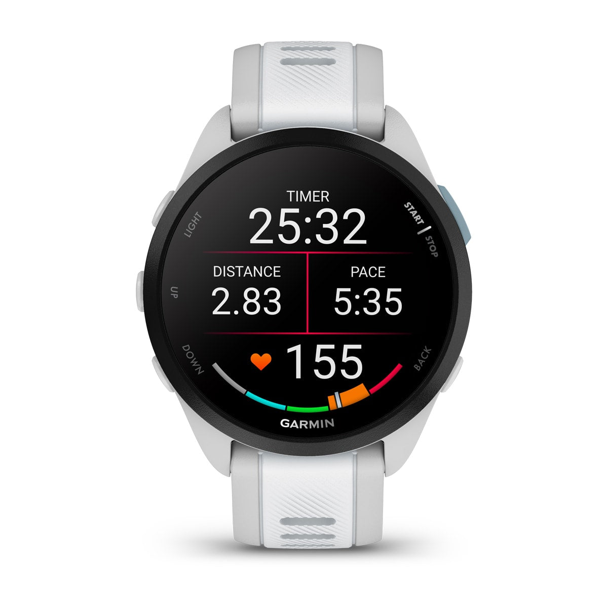 Garmin Forerunner 165 GPS Running Smartwatch - front view, screen on