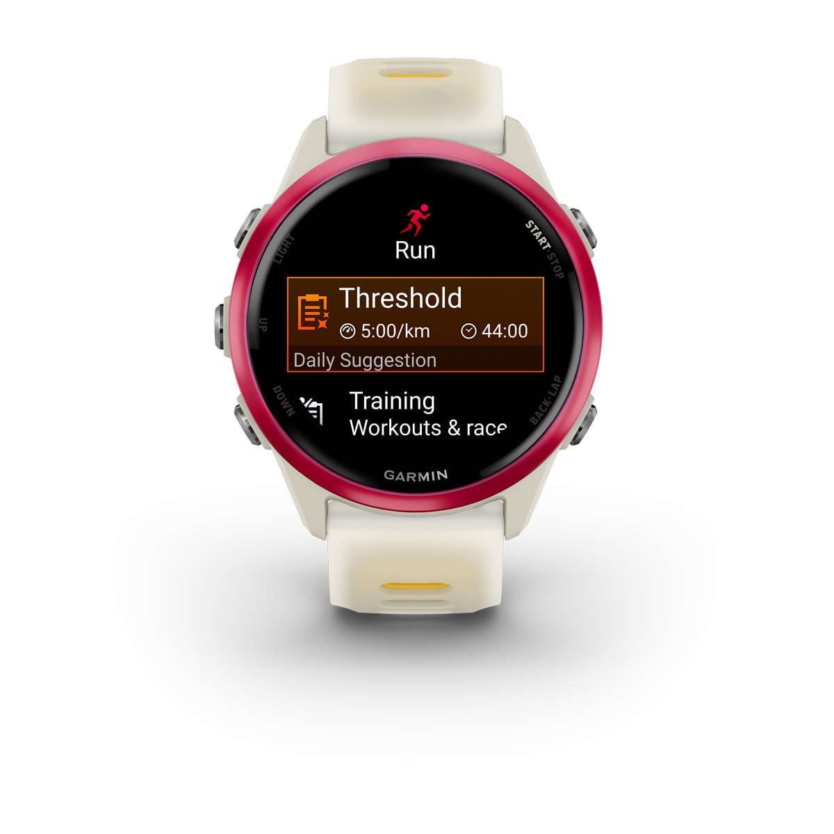 Garmin Forerunner 570 42mm GPS Running Smartwatch - front view, screen on