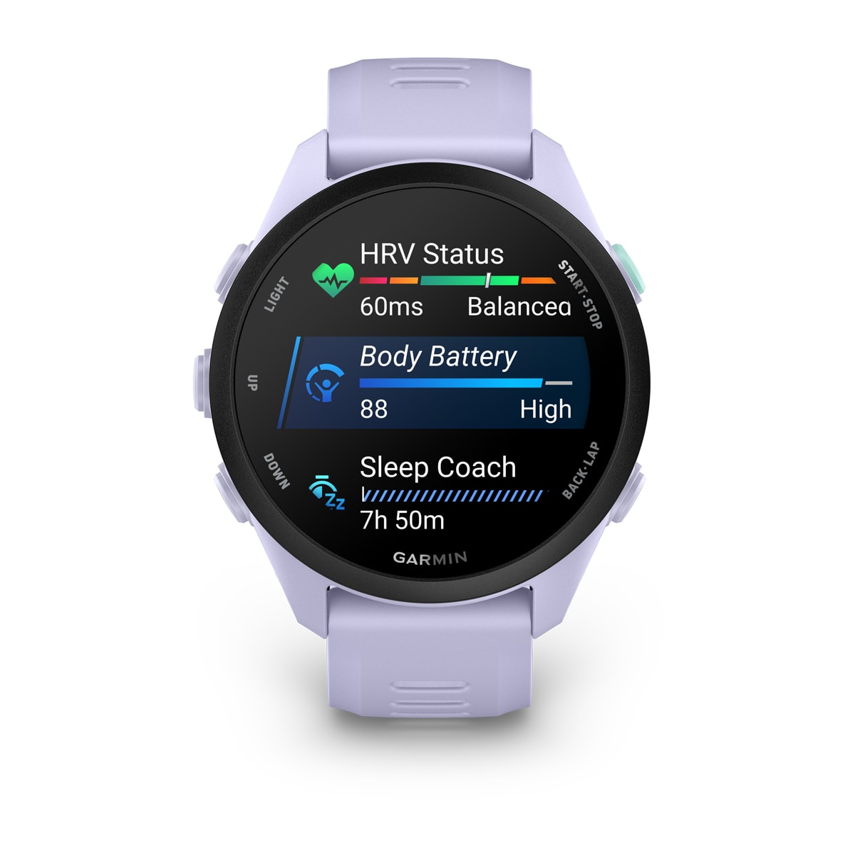 Garmin Forerunner 70 GPS Running Smartwatch - front view, screen on