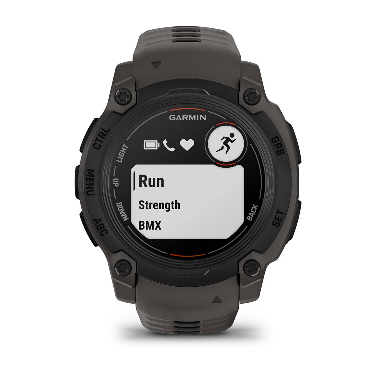Garmin Instinct E 40mm Rugged GPS Smartwatch - front view, screen on