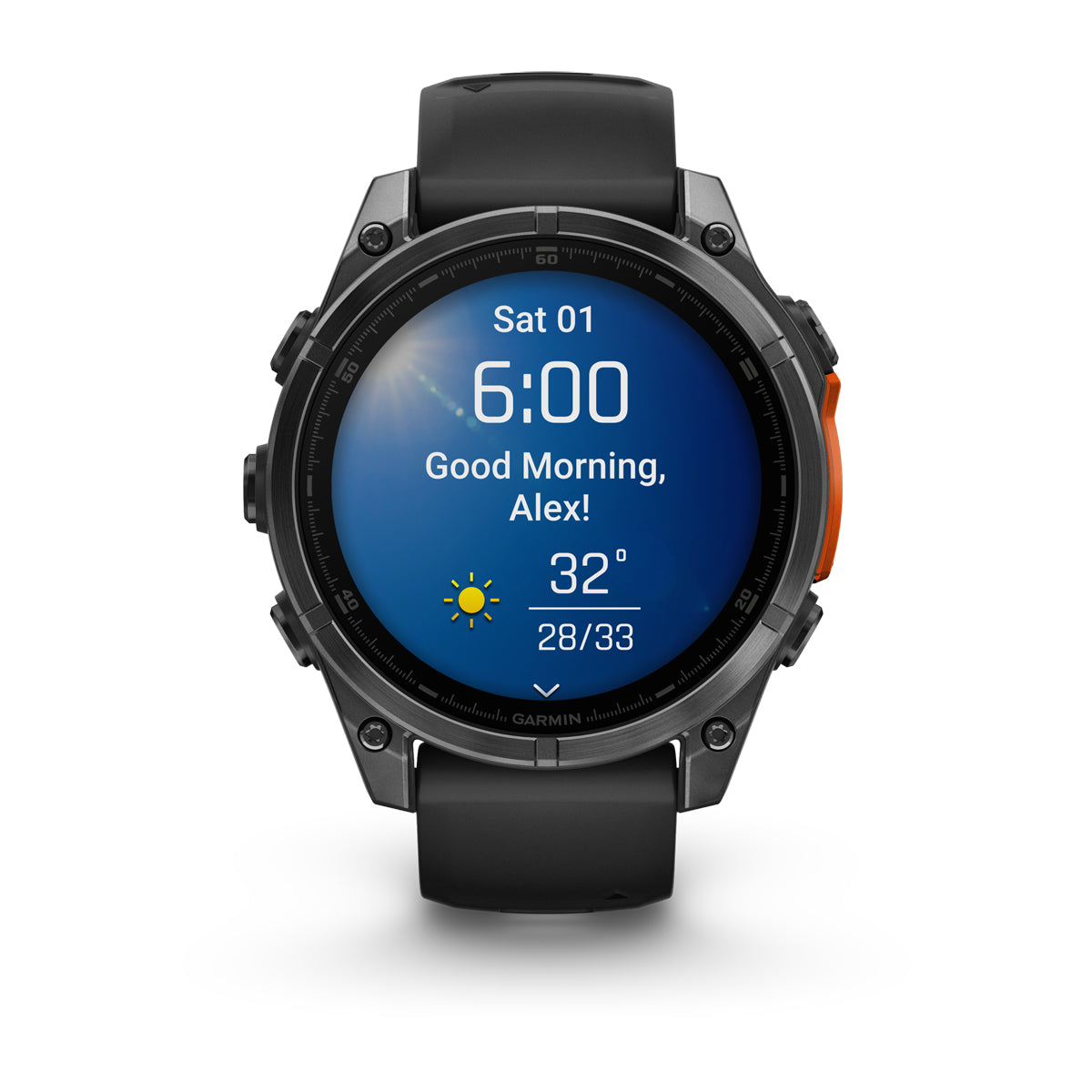 Garmin fenix 8 47mm AMOLED GPS Smartwatch - front view, screen on