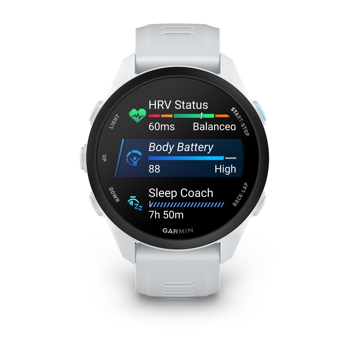 Garmin Forerunner 70 GPS Running Smartwatch - front view, screen on