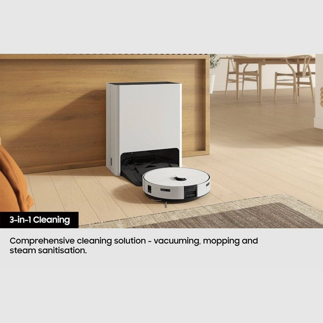 Samsung Bespoke Jet Bot Combo AI+ VR7MD97714G robot vacuum and station in a living room
