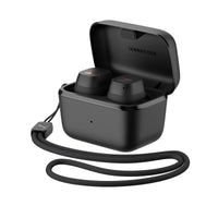 Sennheiser SPORT True Wireless Earphones Black — charging case open with sport lanyard