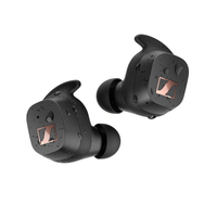 Sennheiser SPORT True Wireless Earphones Black — studio pair with water droplets, angled front