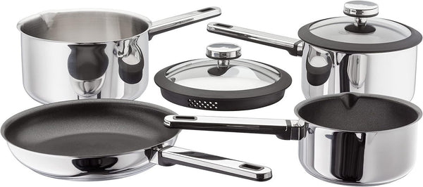 Stellar Stay Cool 4 Piece Draining Saucepan Set SLB2 full set studio shot