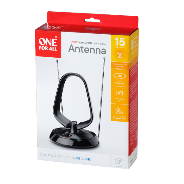 One For All Digital Antenna, Indoor, Amplified Up To 42dB Gain, Range to 15km