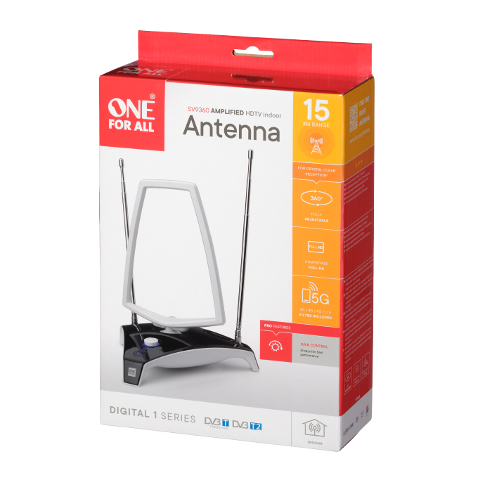 One For All Digital Antenna, Indoor, Amplified Up To 45dB Gain, Range to 15km