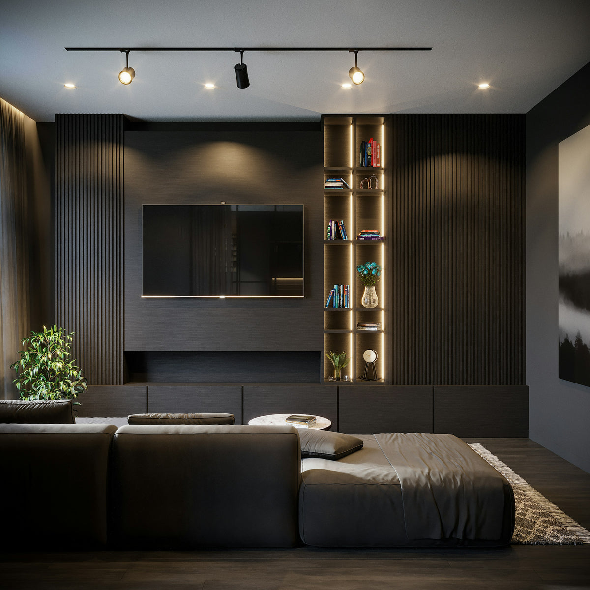 Dark living room with a wall-mounted TV switched off, lit shelves and a low sofa