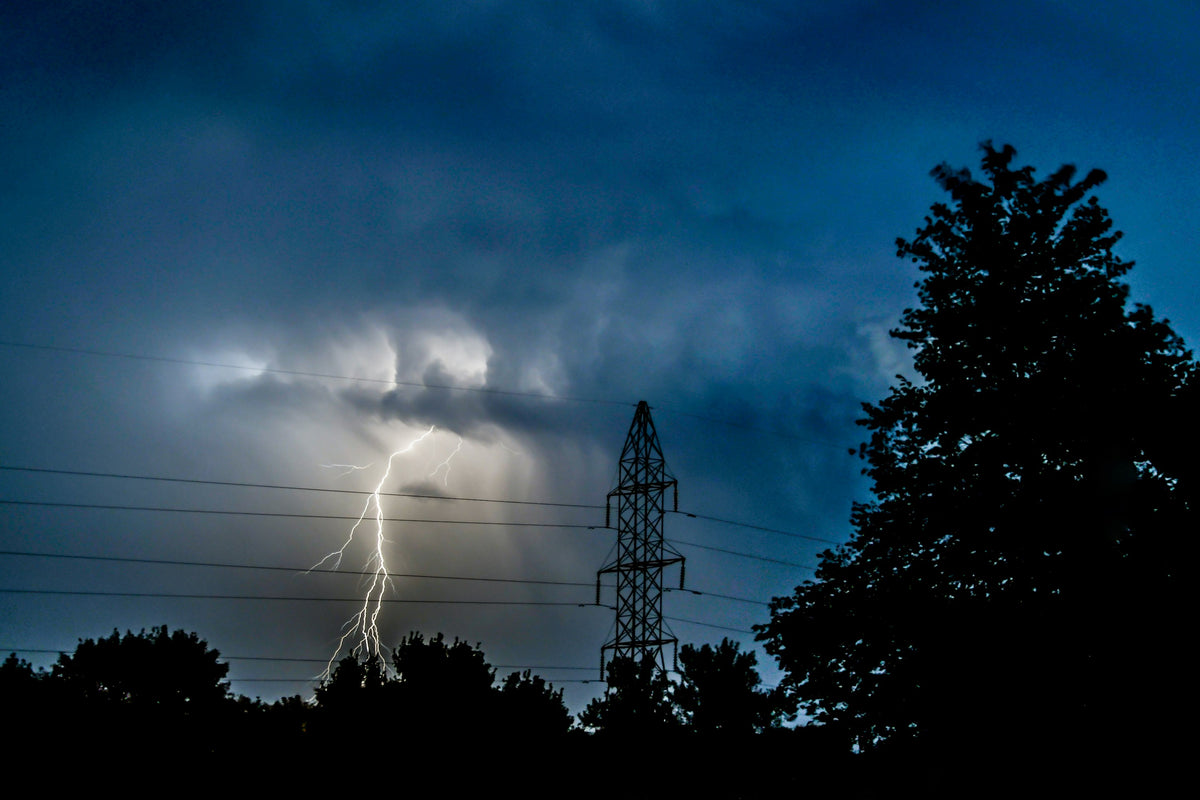 Lightning over trees and an electricity pylon at night