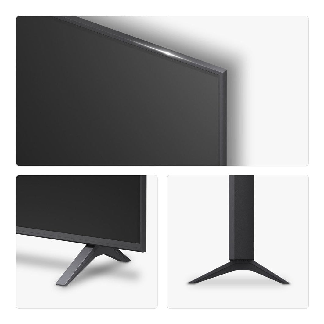 LG UA75 65UA75006LA 65-inch TV, close-up of the bezel corner and stand