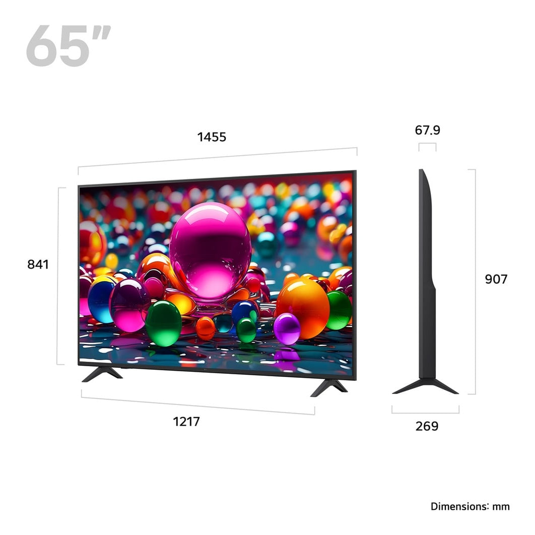 LG UA75 65UA75006LA 65-inch TV, with dimensions diagram