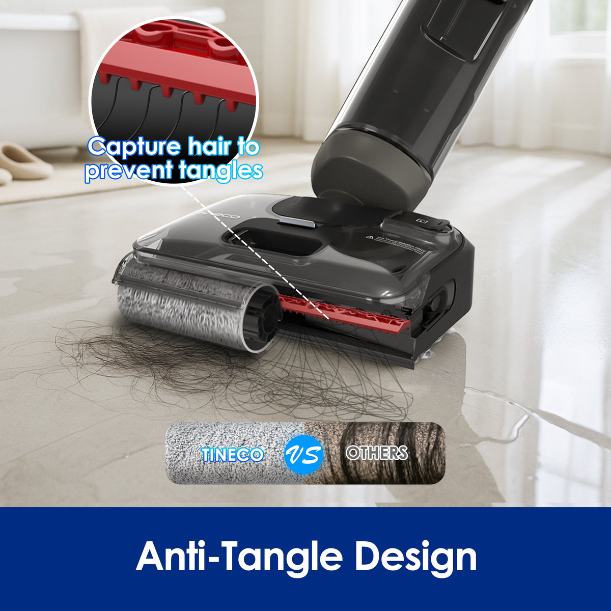 Tineco FLOOR ONE i6 Stretch Cordless Wet and Dry Vacuum Cleaner - anti-tangle brush roller