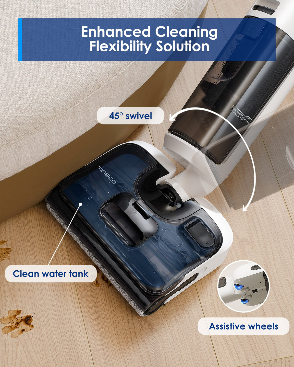 Tineco FLOOR ONE S6 Stretch Lite Cordless Wet and Dry Vacuum Cleaner - 45 degree swivel