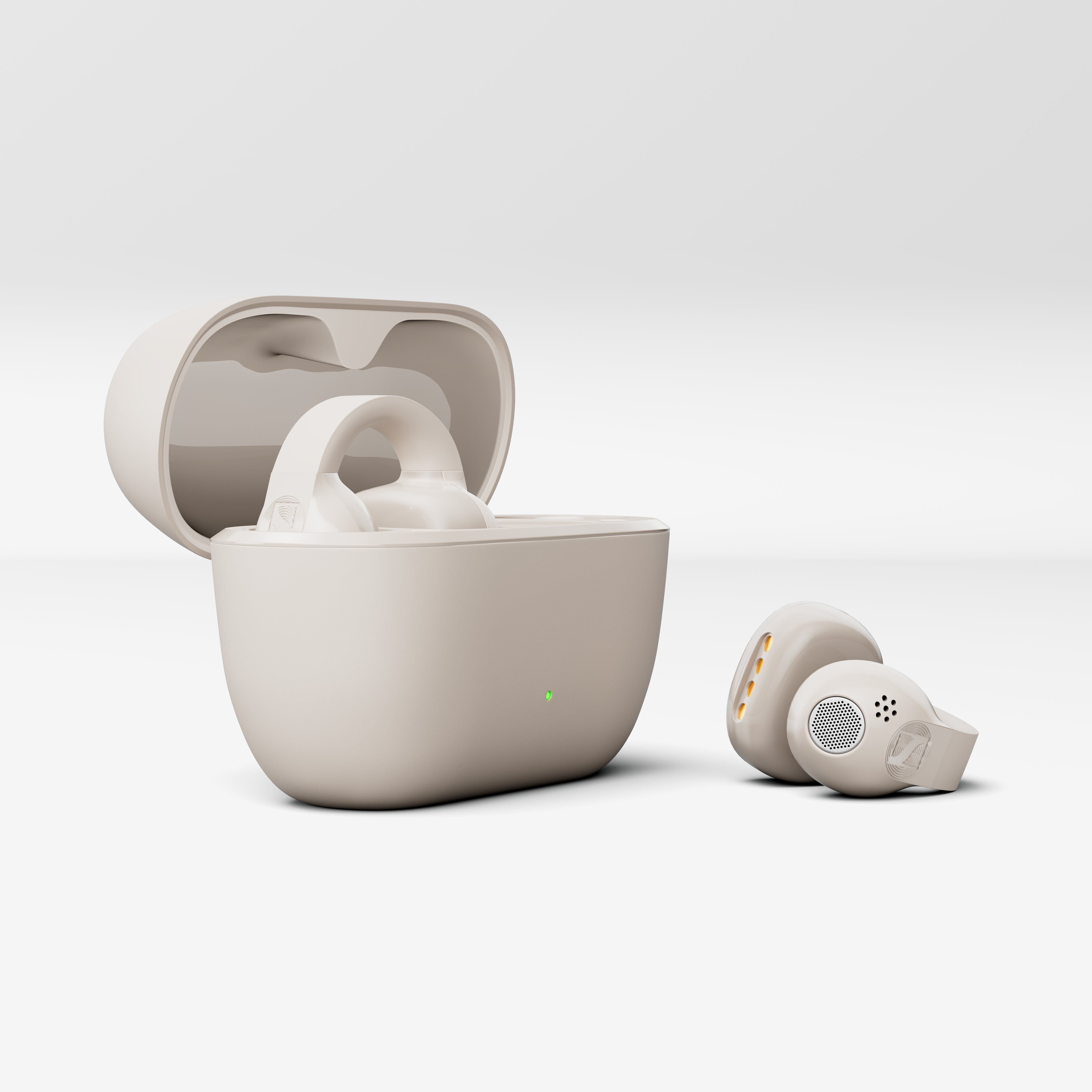 Sennheiser ACCENTUM Clip Open-Ear Earphones Cream — case open with earbuds, studio angle