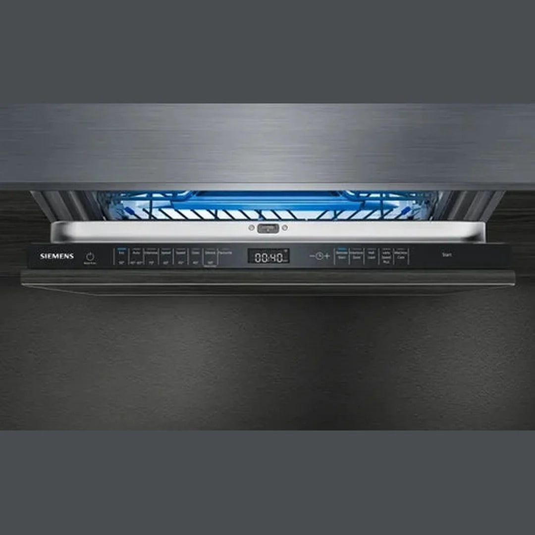Siemens iQ500 SN85EX69CG integrated dishwasher, close-up of the top control panel