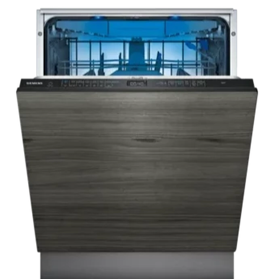 Siemens iQ500 SN85EX69CG integrated dishwasher with the door open, showing the racks