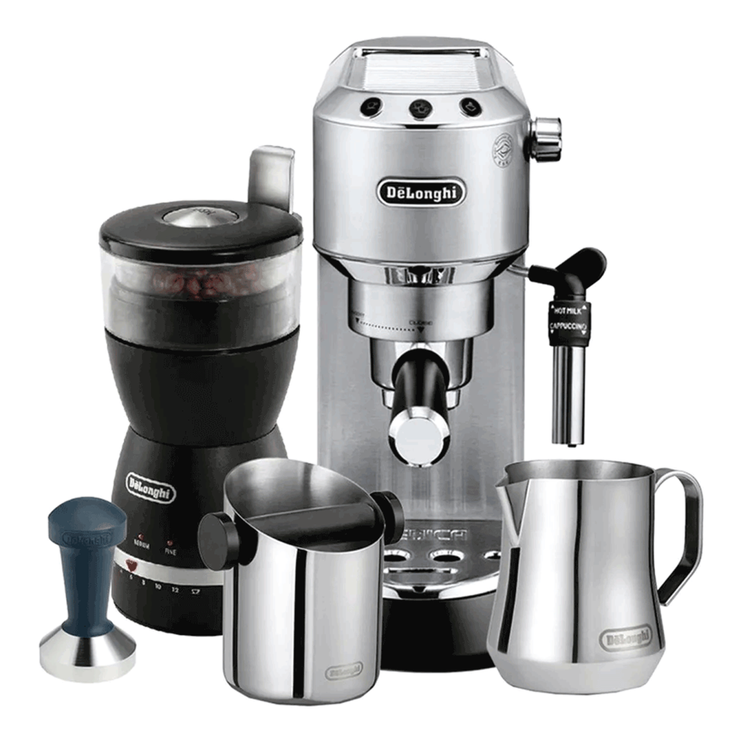 De'Longhi Dedica Barista Bundle - Silver - espresso machine with grinder, tamper, knock box and milk jug