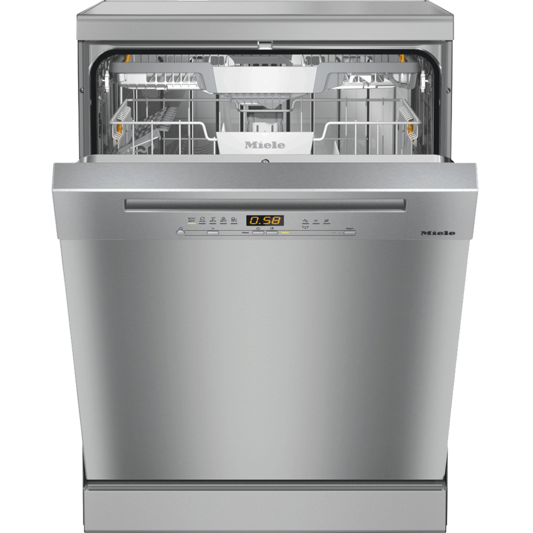 Miele G5210SC dishwasher in stainless steel with the door open, showing the baskets